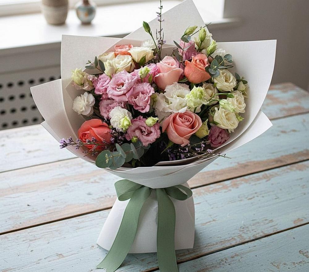 Букет цветов из: Розы, Лизиантусы и Гвоздики в Углеуральском