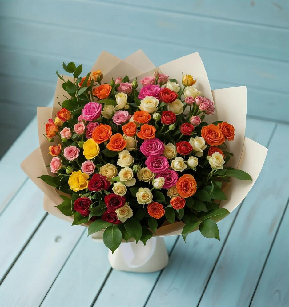 Букет Микс из разноцветных кустовых роз в Углеуральском