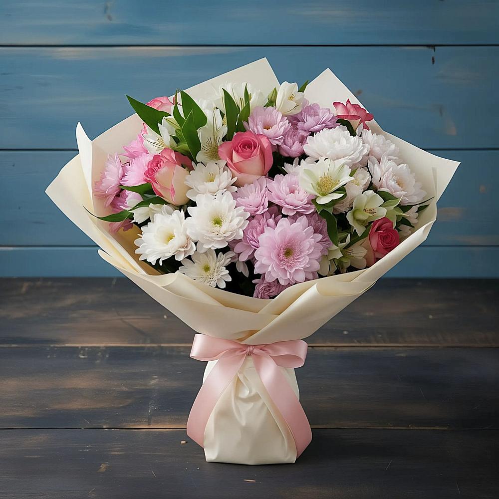 Букет цветов из: Хризантемы, Альстромерии и Розы в Углеуральском